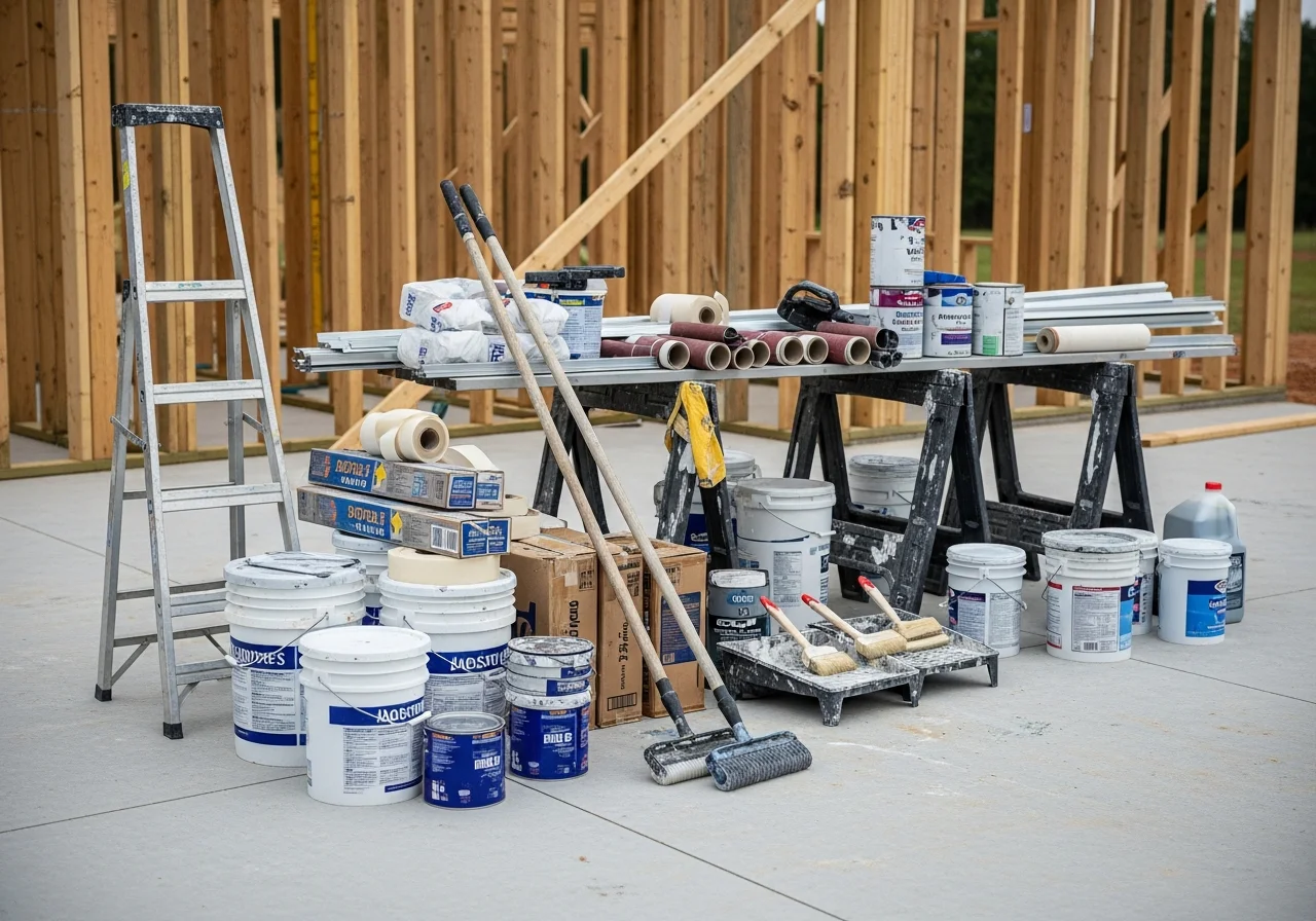 Construction crew tools and materials staged on a residential job site, ready for drywall, painting, and carpentry work.