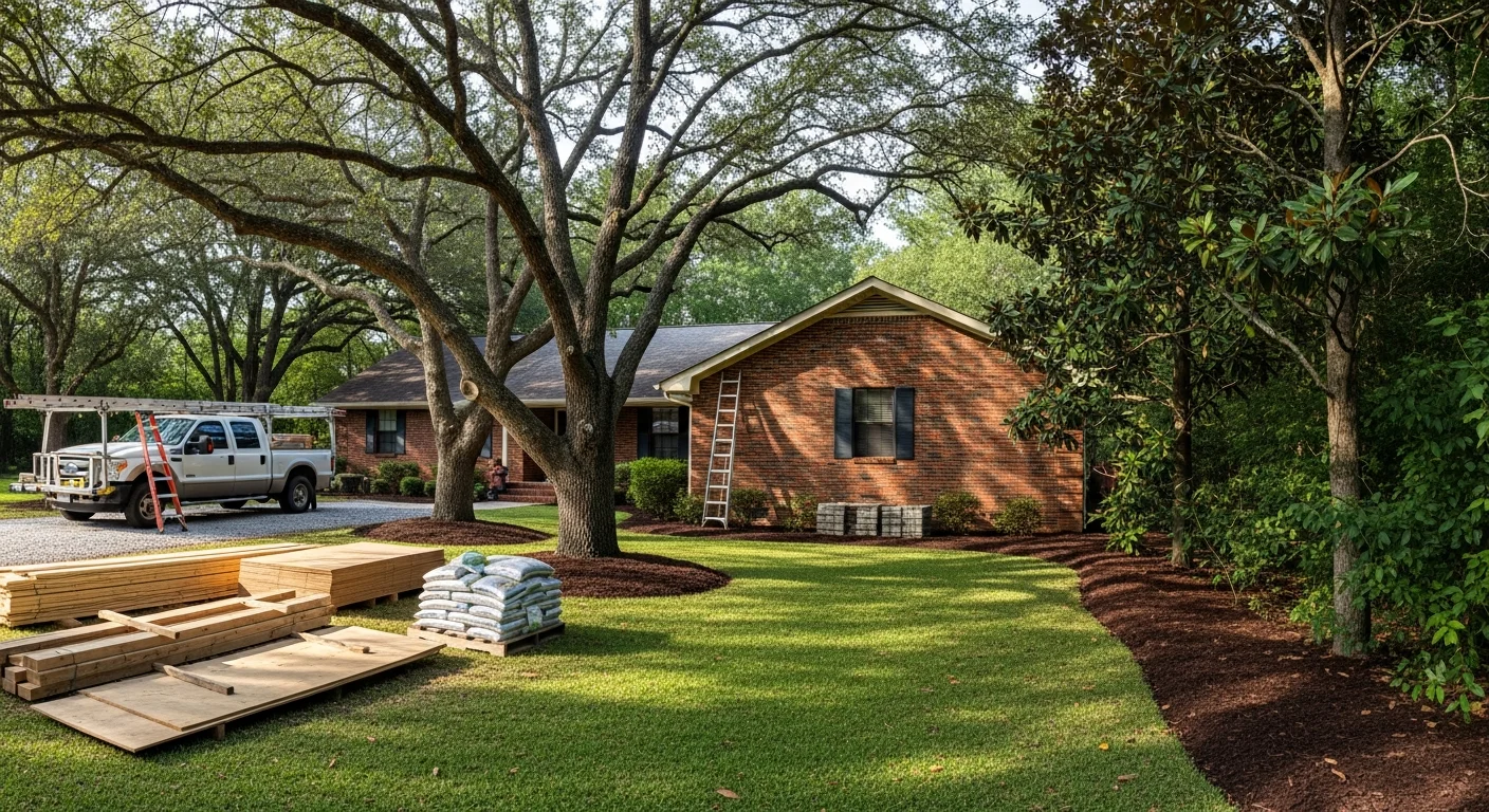 Wide view of a well-maintained residential property in a DeSoto County neighborhood with mature trees and manicured landscaping.