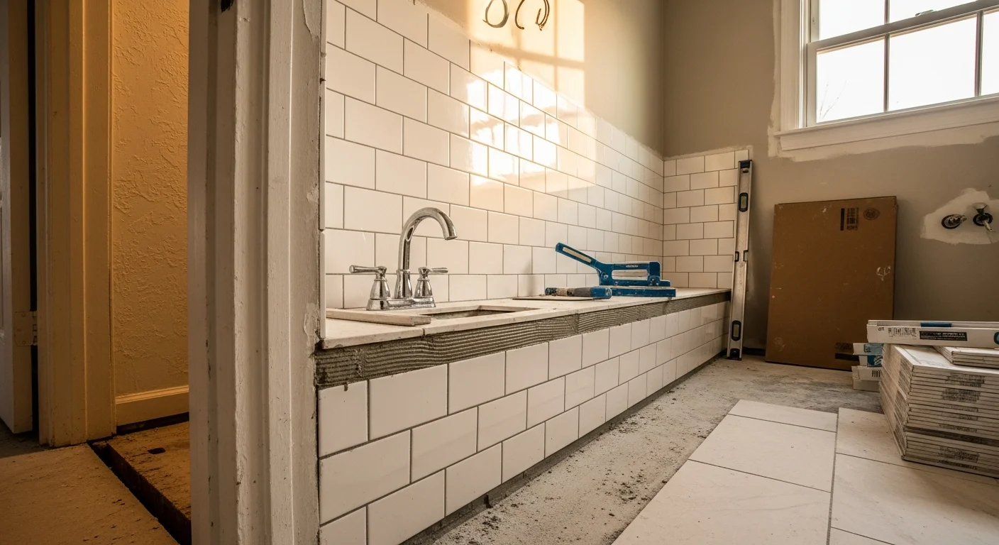 Remodeled bathroom in a DeSoto County, Mississippi home featuring updated tile flooring, a new vanity, and a walk-in shower with clean grout lines. Work completed by Stilows Construction serving Hernando, Southaven, Olive Branch, and surrounding areas.