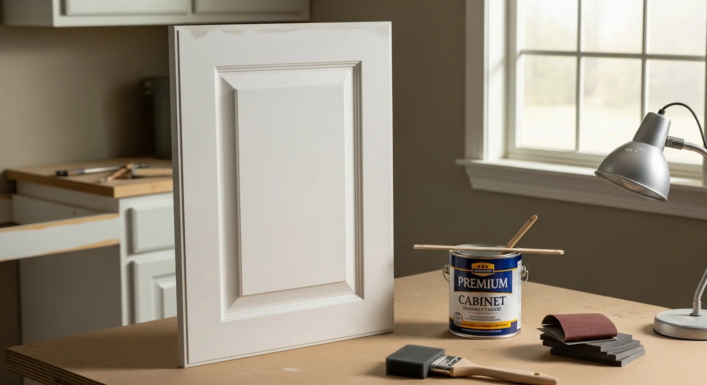 Freshly painted white kitchen cabinets with clean brush lines and smooth finish in a DeSoto County, Mississippi home. Cabinet doors and drawer fronts show an even coat with no drips, photographed in a residential kitchen typical of the Hernando and Olive Branch area.