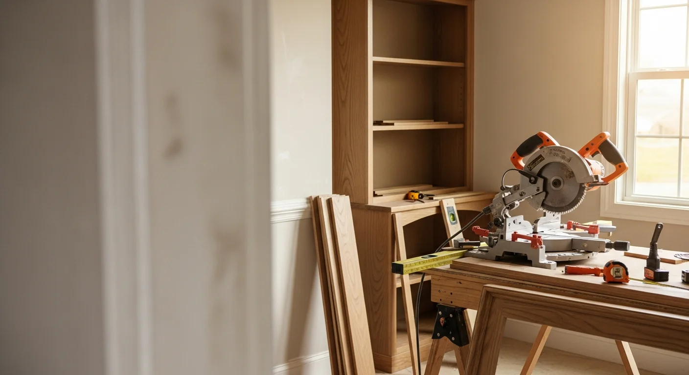 Custom built-in wood shelving and trim work installed in a single-family home in DeSoto County, Mississippi. The finished carpentry shows tight joints, clean lines, and wood tones that complement the room's existing interior.