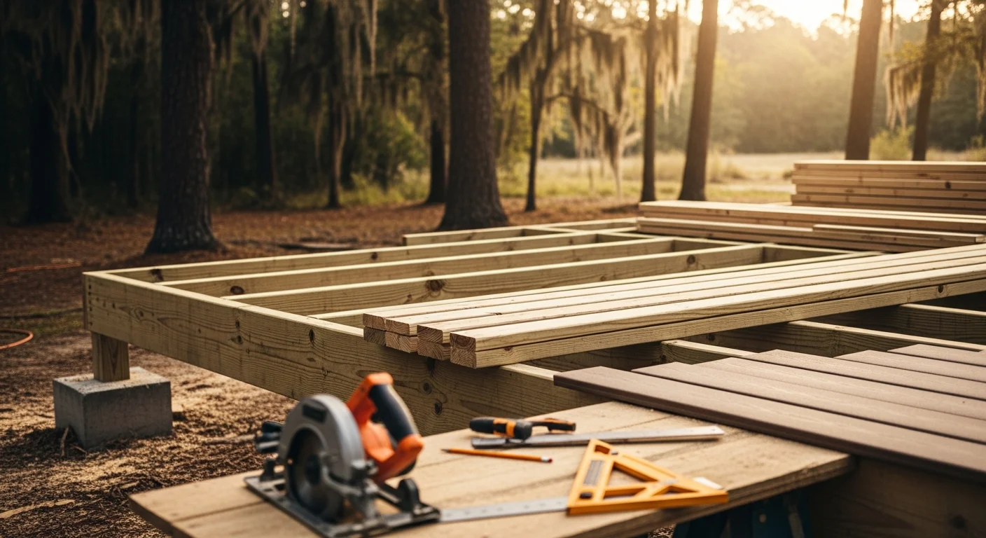 A newly built wood deck attached to the back of a single-family home in DeSoto County, Mississippi, with board decking, post railings, and a backyard setting typical of the Hernando and Southaven area. The structure shows clean framing, level decking, and finished stair access from the yard.