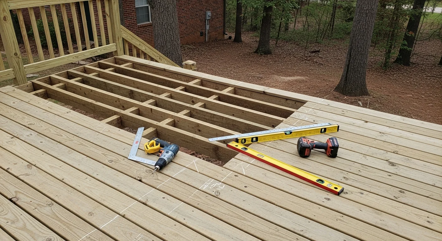 A repaired residential wood deck with replaced boards and secured railings on a DeSoto County, Mississippi home. Close view shows fresh lumber repairs alongside existing weathered decking in a Nesbit-area backyard.