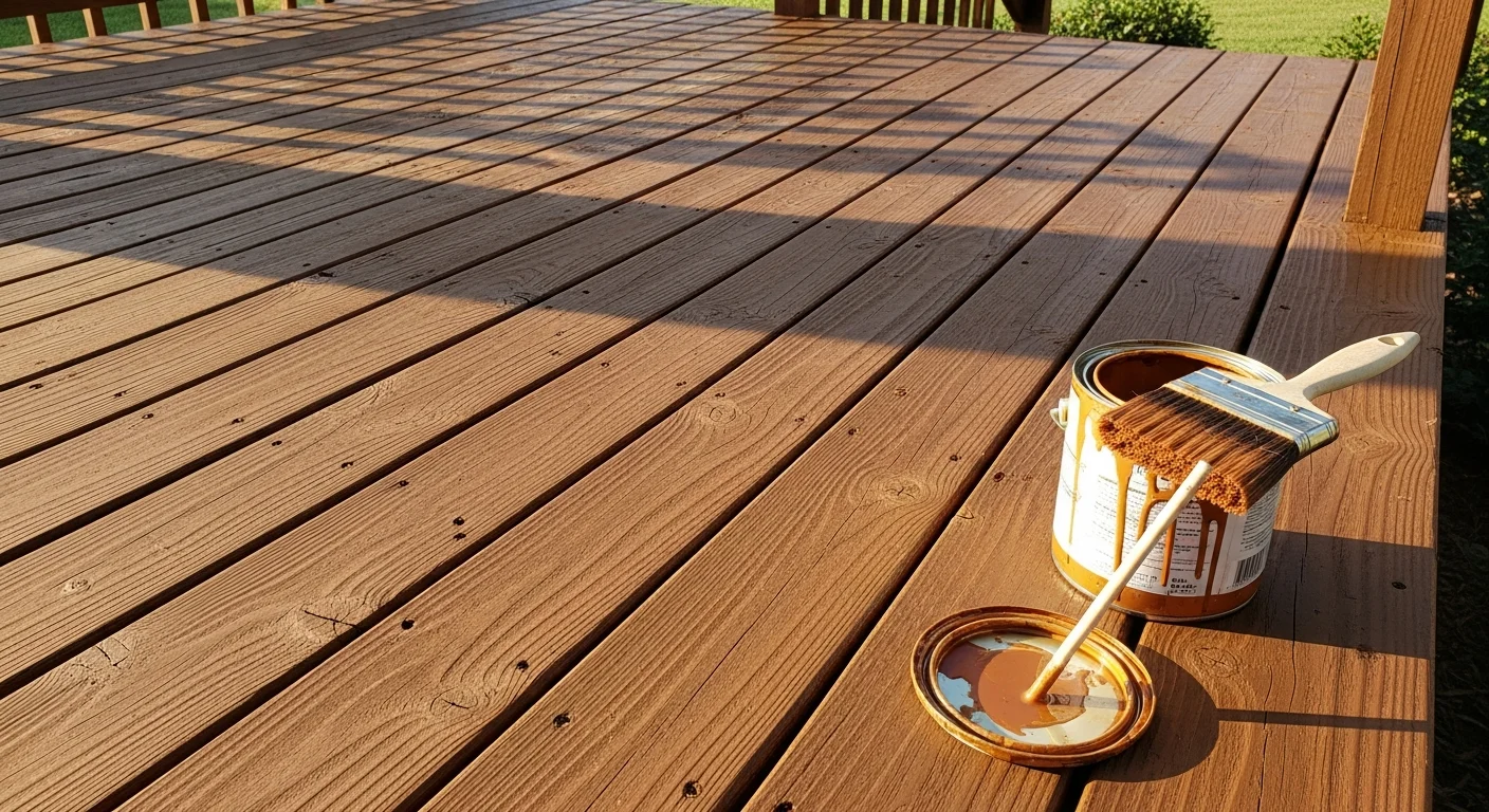 A freshly stained wood deck behind a residential home in DeSoto County, Mississippi, showing even color tone and clean board surfaces. The deck overlooks a green backyard typical of homes in Hernando and Olive Branch.