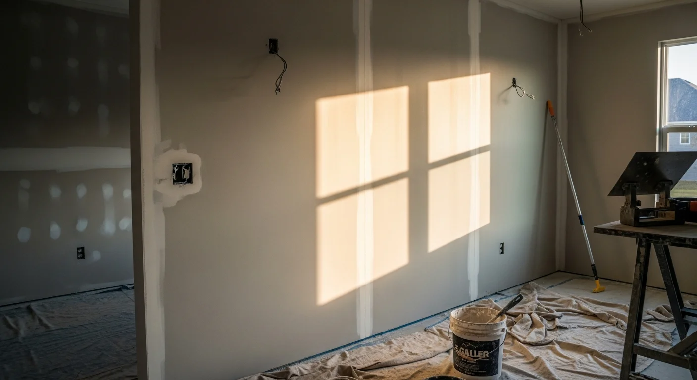 A freshly finished interior wall in a DeSoto County, Mississippi home showing smooth, seam-free drywall ready for paint. A Stilows Construction crew member sands the final coat on a new build in Hernando.
