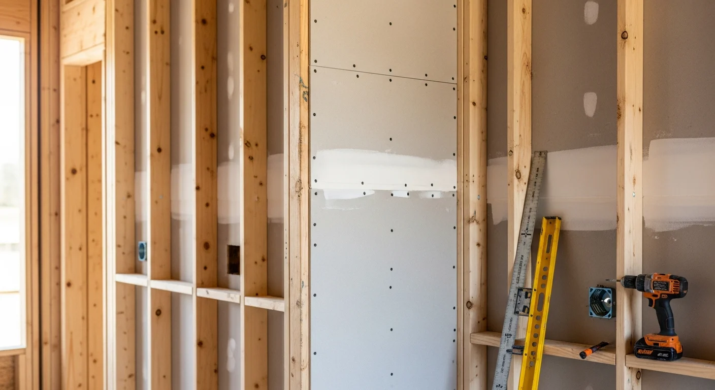 A Stilows Construction crew member securing drywall panels to wall studs inside a newly framed residential home in DeSoto County, Mississippi. The room shows clean sheet placement with cutouts made for electrical boxes and window openings.