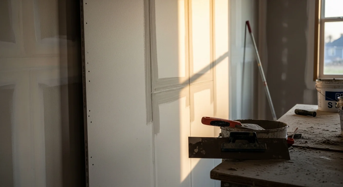 A freshly installed and taped drywall interior in a single-family home in DeSoto County, Mississippi, with smooth joint compound applied and walls ready for paint. A Stilows Construction crew member works on finishing seams in a large open-concept room.