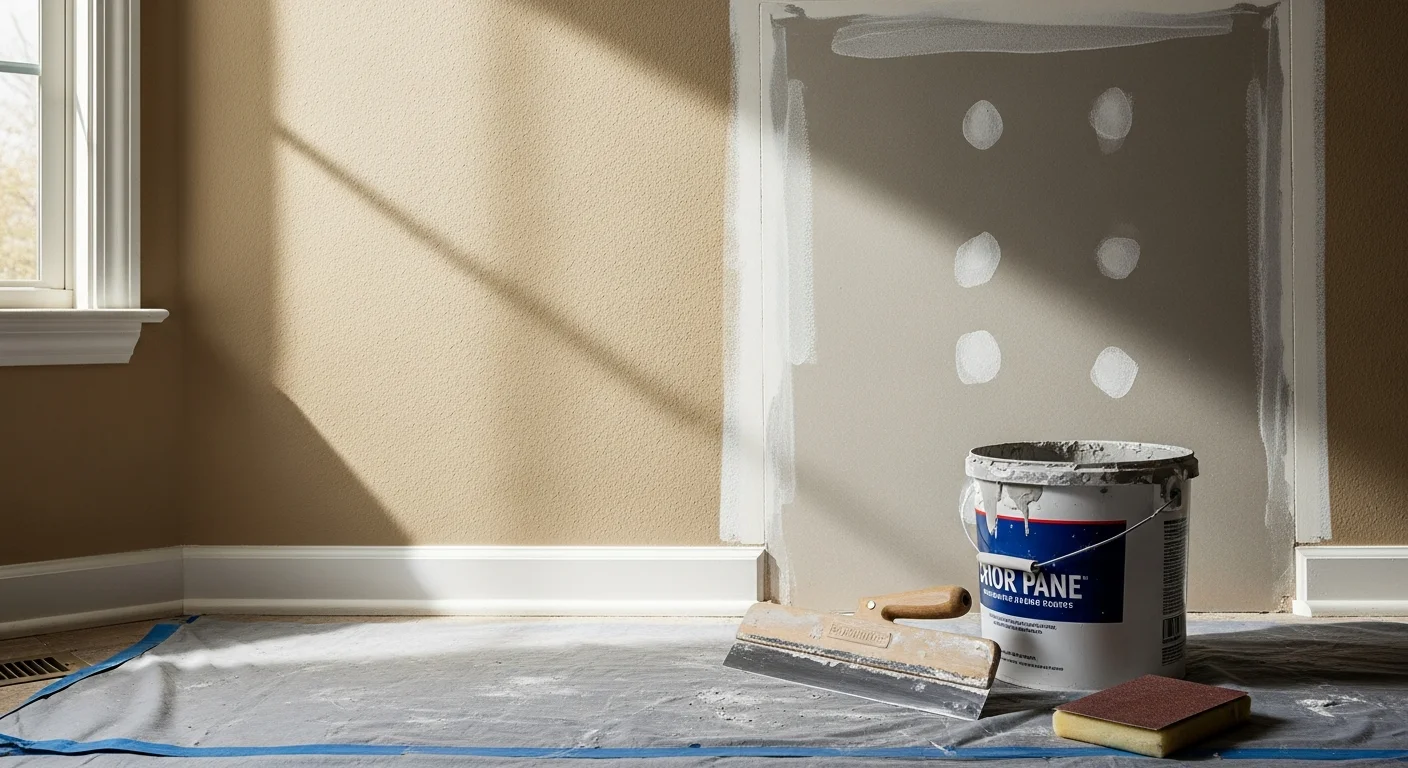 A freshly repaired and skim-coated interior wall in a single-family home in DeSoto County, Mississippi, with a smooth, paint-ready surface showing no visible patch lines. A drywall contractor from Stilows Construction applies finishing compound to blend the repaired section with the surrounding wall texture.