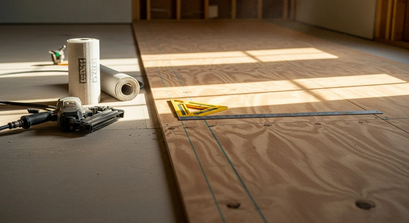 Freshly installed flooring in a DeSoto County, Mississippi home with clean edges meeting the baseboard trim. A Stilows Construction crew member kneels near the finished floor in a well-lit residential room in Hernando.