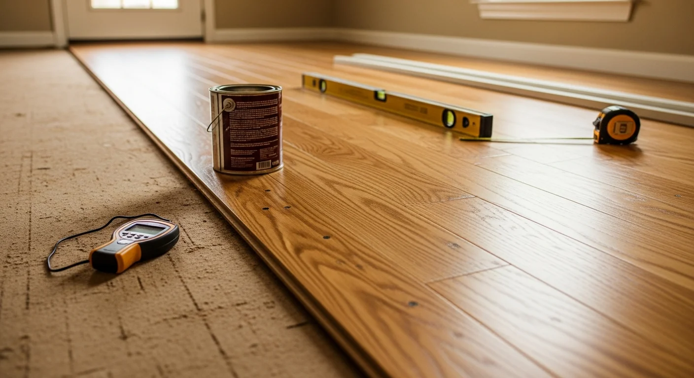 Freshly installed hardwood flooring in a DeSoto County, Mississippi home, showing tight board seams and clean threshold trim at a doorway. The room reflects a typical Hernando or Southaven residential interior with natural light across the finished wood surface.
