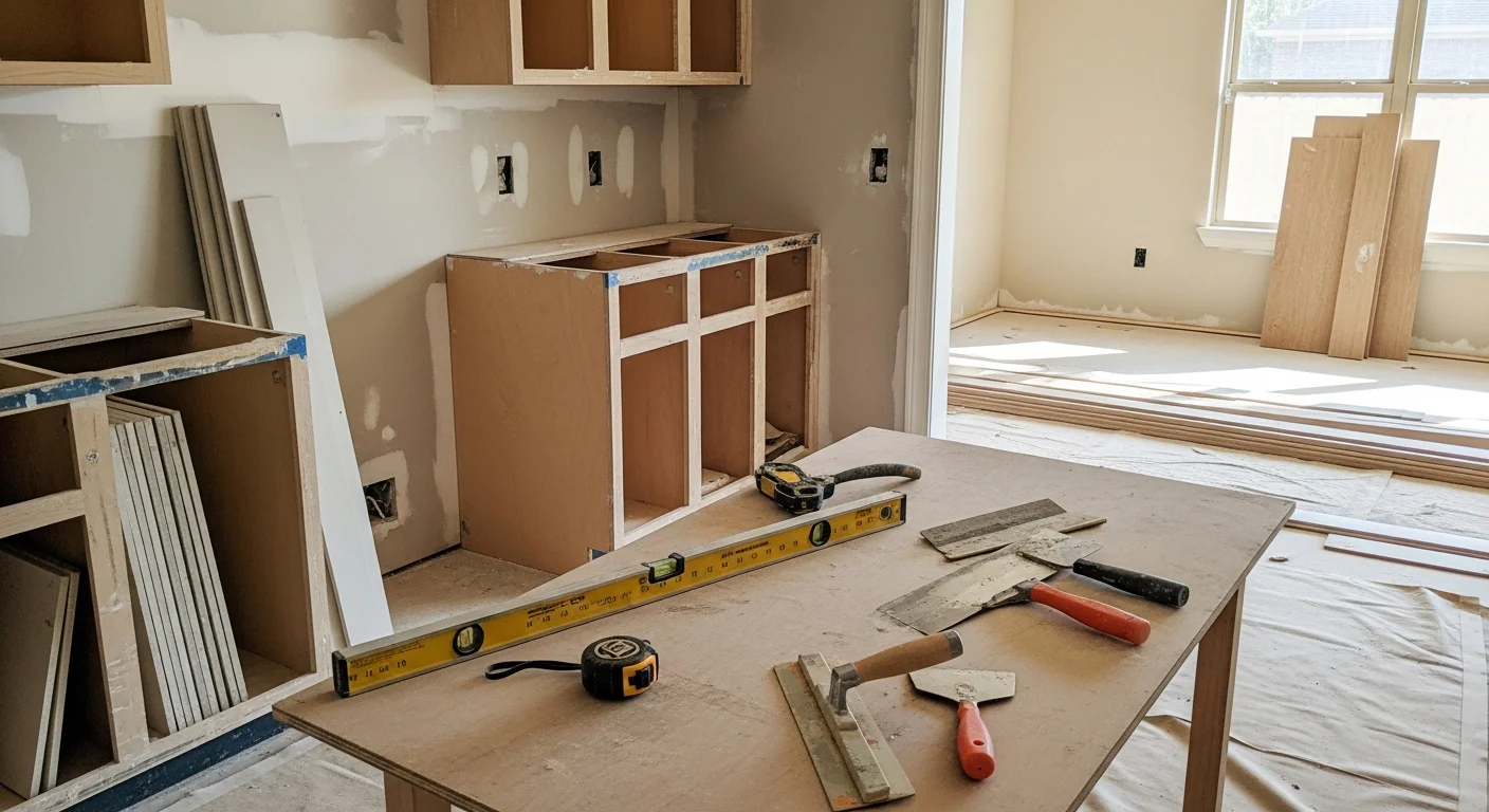 Renovated open-concept kitchen and living area inside a single-family home in DeSoto County, Mississippi, showing new flooring, updated cabinetry, and fresh interior walls completed by Stilows Construction.
