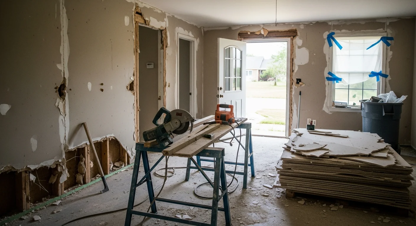 Interior of a DeSoto County, Mississippi home mid-demolition, with drywall removed from walls and flooring stripped down to the subfloor. A cleared room ready for renovation work by Stilows Construction.