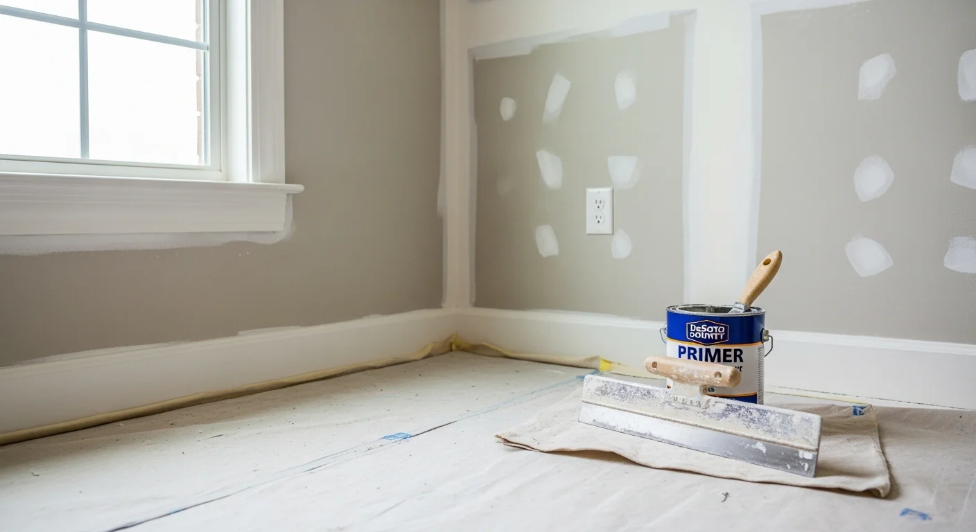 Interior living room walls freshly painted in a single-family home in DeSoto County, Mississippi, with clean trim lines and even coverage throughout. Stilows Construction interior painting work completed in the Hernando and Southaven service area.