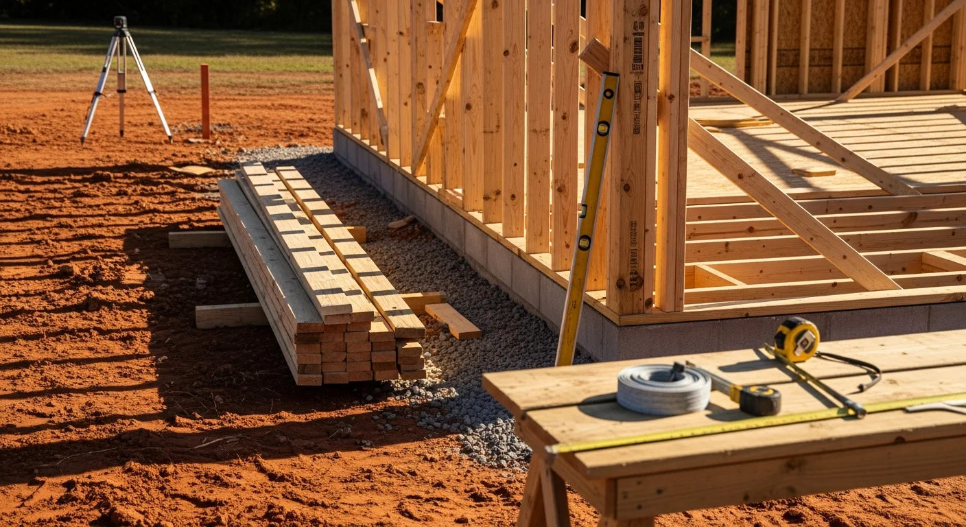 A newly framed single-family home under construction on a residential lot in DeSoto County, Mississippi, with exposed wood framing and a clear blue sky overhead. A Stilows Construction crew works on site in Nesbit, preparing the structure for the next phase of the residential build.