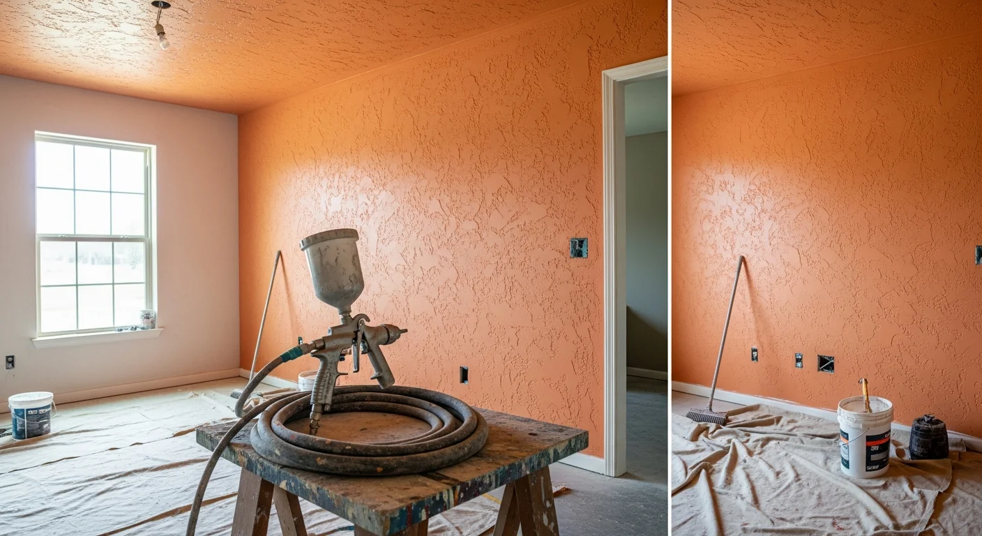 A freshly textured drywall wall and ceiling inside a DeSoto County, Mississippi home, showing a uniform knockdown finish ready for paint. The room is empty with clean corner lines and consistent texture coverage across the full surface.
