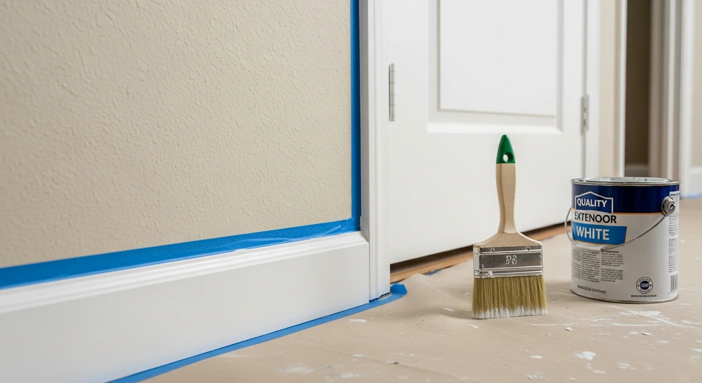 A freshly painted white trim installation along the baseboards and door casing of a single-family home interior in DeSoto County, Mississippi. Clean paint lines contrast against a neutral wall color with no visible drips or overlap.